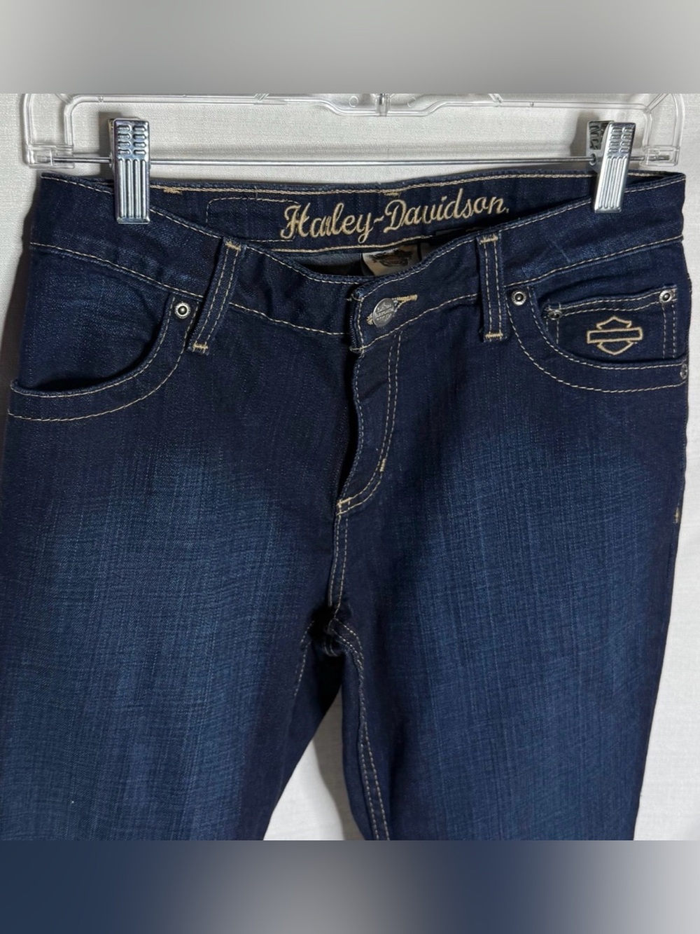 Harley Davidson Womens Bootcut Leg Dark Wash Whiskers Jeans Blue 4 - Picture 4 of 12